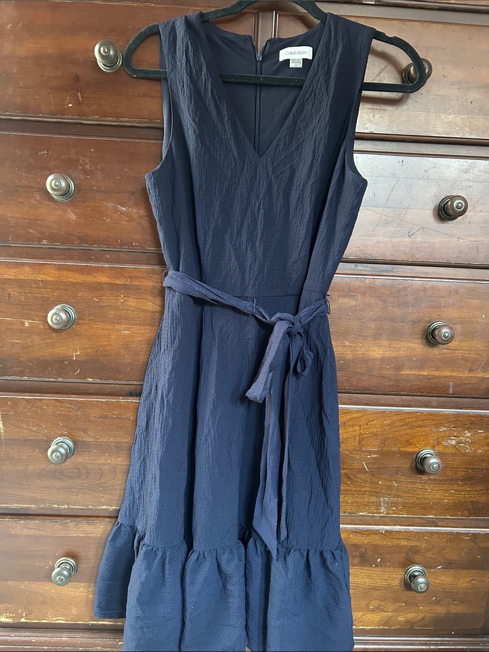 Calvin Klein Navy V-Neck Sleeveless Tie-Waist Midi Dress